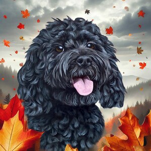 May include: A digital painting of a black dog with a fluffy coat and a pink tongue, set against a backdrop of falling autumn leaves and a cloudy sky. The dog is surrounded by large, colorful maple leaves.