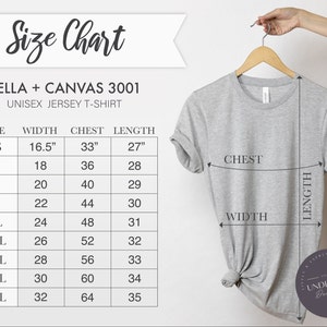 May include: Size chart for Bella + Canvas 3001 unisex jersey t-shirts. The chart shows sizes XS to 5XL with corresponding width, chest, and length measurements in inches.