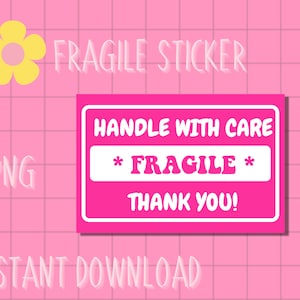 PNG Fragile Sticker Download | Handle With Care | Pink | Small Business Sticker | Instant Download | Printer Labels |  Cricut Machine |