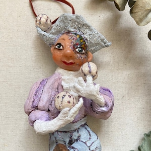 Spun cotton Venitian jester jungler doll handmade vintage in lavender dove grey
