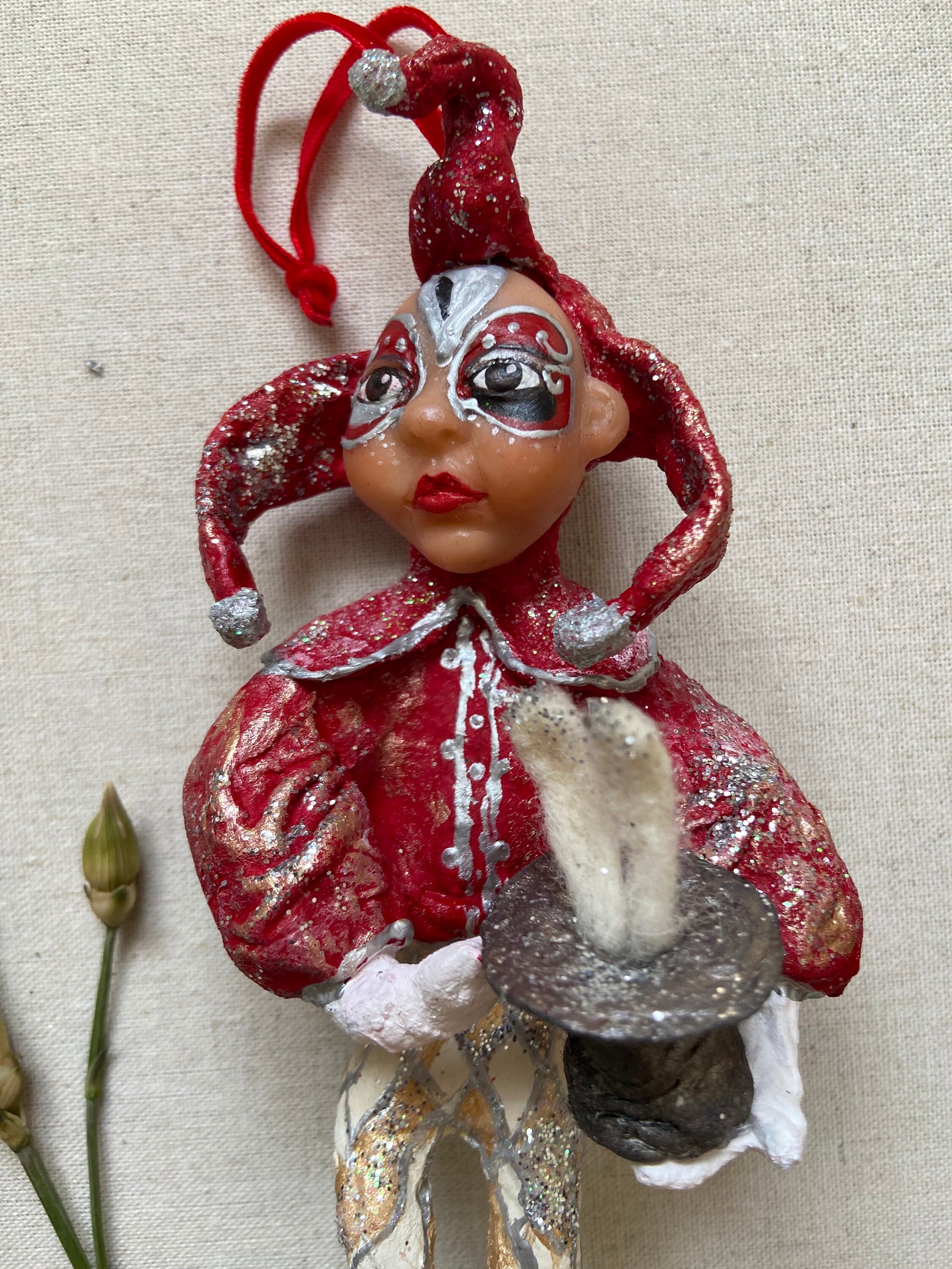 Spun Cotton Venitian Jester Magician Doll Handmade Vintage in Red Siver ...