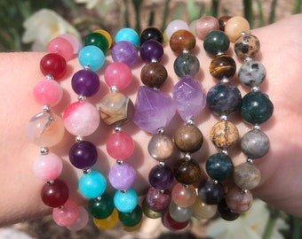 Handmade Mixed Crystal Bracelets- Amethyst, Ocean Jasper, Quartz, Carnelian, Agate, Tigers Eye, Labradorite, Lepidolite, Hematite, Obsidian