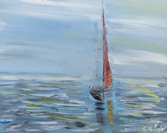 Oil Painting of Sailboat with Red Sail