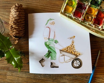 Hand made watercolour Traditional "Green" Gardening Father Christmas Cards, Recycled paper