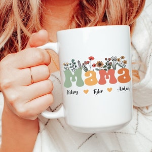 Custom retro Mama Mug, Boho mom Coffee Mug, Mama Mug, Gift for New Mom, Custom Gift for mom, kids name mugs, Mothers Day Mug, Floral mug