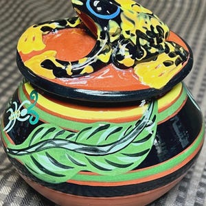 Handmade Hand Painted 5" Clay Pottery Colorful Frog Sugar Bowl w/Lid Signed