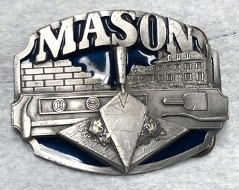 Gray Blue MASON Stone Crafters Belt Buckle Masonic Compass Brick Laying Trowel 