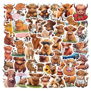 May include: A collection of colorful Highland cow stickers in various poses and settings. The stickers feature cartoon-style illustrations of the cows with different accessories, including sunglasses, flowers, and clothing. The stickers are on a white background.
