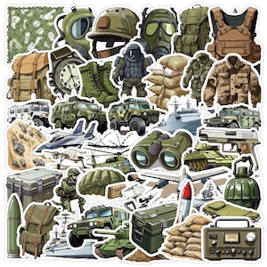 May include: A collection of military-themed stickers featuring various vehicles, equipment, and gear. Includes tanks, jeeps, aircraft, gas masks, backpacks, and a radio. The color palette is dominated by shades of green, brown, and tan.