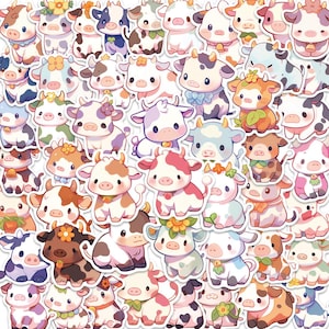 May include: A collection of colorful cartoon cow stickers. The stickers feature various cow designs in shades of pink, brown, white, and blue, with floral accents. The cows have cute, friendly expressions and are arranged in a dense pattern.