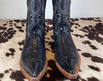 Vintage Los Altos, Men&#39;s 8EE or Women&#39;s 9 Wide Snip Toe, Black, Lizard and Leather Cowboy Boots, Made in Mexico, Handmade Cowboy Boot