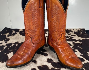 Damen 7 Medium Vintage Loreto Western Cowboystiefel, Ganzleder, Hellbraun, Honigbraun, Gebraucht, Hergestellt in den USA, Cowgirl-Stiefel,