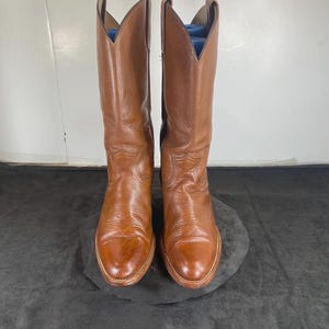 Men&#39;s 1970&#39;s,  Frye, 9.5 D,  Full Calf Cognac Brown Cowboy Boots, Made in the USA, All Leather Frye Boots,