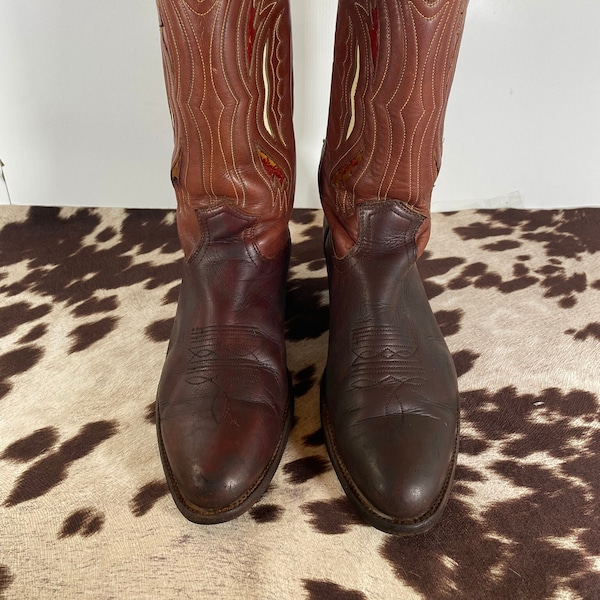 Men's 12 D Vintage Frye Two Toned Brown Leather Tall Cowboy Boots, Western Cowboy Boot, Made in the USA, 1980's Frye Boots