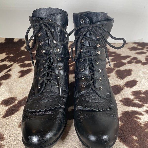 9B Women's Black Vintage Arena Kiltie Lace Up Boot by Dan Post Western Black Lace Up Boots