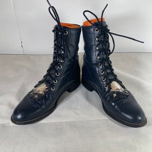 6.5B Rare, Women's Vintage Navy Blue Justin, Lace-up, Kiltie Boots, Steampunk, Silver Accent Kiltie Removable Tabs, Vintage Ankle Boot image 3