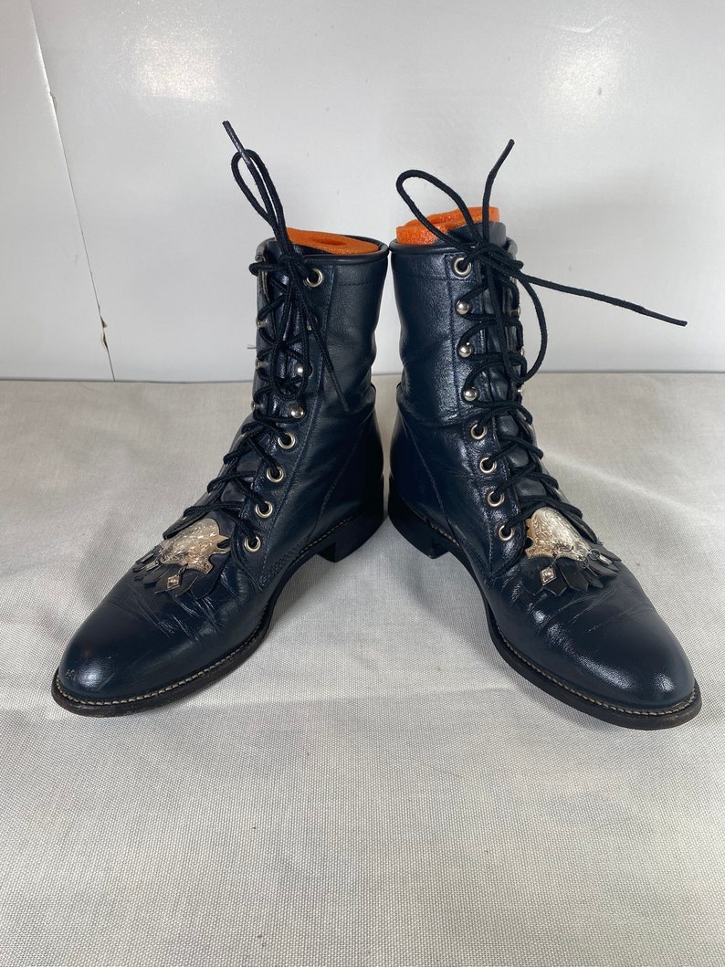 6.5B Rare, Women's Vintage Navy Blue Justin, Lace-up, Kiltie Boots, Steampunk, Silver Accent Kiltie Removable Tabs, Vintage Ankle Boot image 3