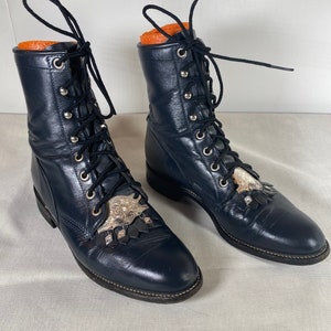 6.5B Rare, Women's Vintage Navy Blue Justin, Lace-up, Kiltie Boots, Steampunk, Silver Accent Kiltie Removable Tabs, Vintage Ankle Boot image 5