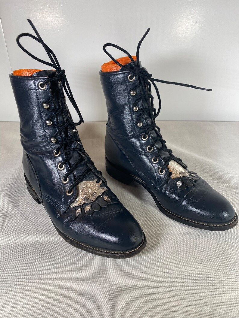 6.5B Rare, Women's Vintage Navy Blue Justin, Lace-up, Kiltie Boots, Steampunk, Silver Accent Kiltie Removable Tabs, Vintage Ankle Boot image 5