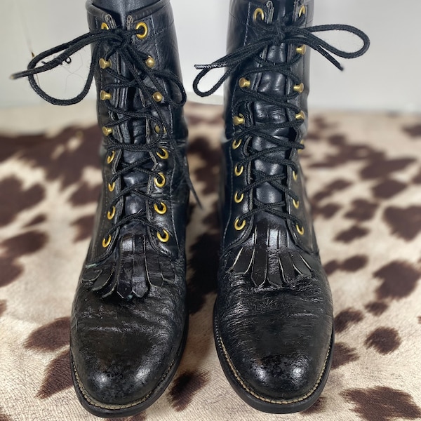 6B Rare, Women's Vintage Black Justin Bull Hide Lace-up, Kiltie Boots, Steampunk, Removeable  Kiltie Removable Tabs, Vintage Ankle Boot