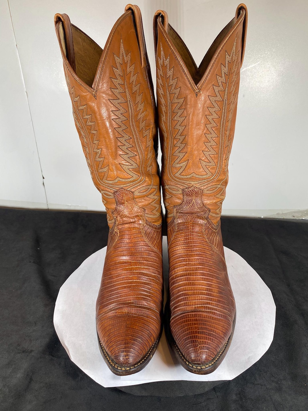 Bottes Cow-boy Dan Post Vintage - Cuir Exotique Peau De Lézard - Marron - Taille 6 Femme - Années 80 - USA