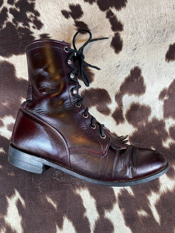 Women's 6B Vintage Justin Burgundy Kiltie Boots, … - image 4