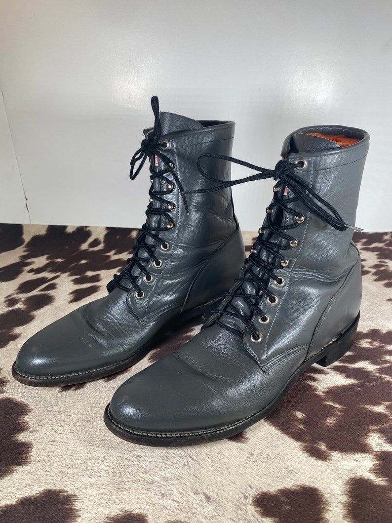 10B Damen Vintage Grau Justin Leder Schnürung, Kiltie Stiefel, Steampunk, Abnehmbare Kiltie Abnehmbare Laschen, Vintage Stiefelette Bild 3