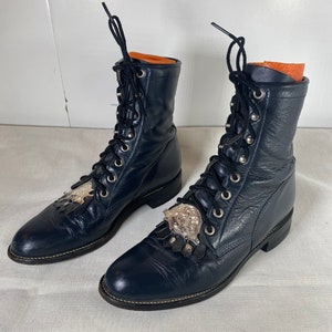 6.5B Rare, Women's Vintage Navy Blue Justin, Lace-up, Kiltie Boots, Steampunk, Silver Accent Kiltie Removable Tabs, Vintage Ankle Boot image 4