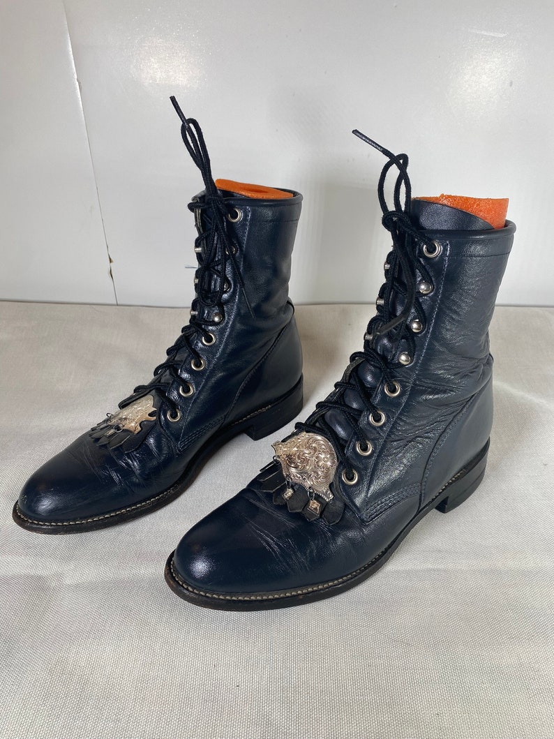 6.5B Rare, Women's Vintage Navy Blue Justin, Lace-up, Kiltie Boots, Steampunk, Silver Accent Kiltie Removable Tabs, Vintage Ankle Boot image 4