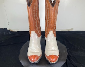 Women's 5 Vintage Abilene Brown and Beige Wingtip Western Cowboy Boots, Made in the USA