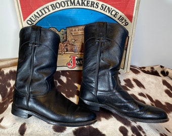 Women's 4B, Vintage Justin Black Roper, Mid-Calf Cowboy Boots, Made in the USA