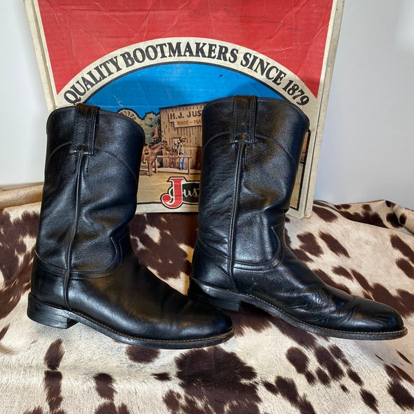 Women's 4B, Vintage Justin Black Roper, Mid-Calf Cowboy Boots, Made in the USA