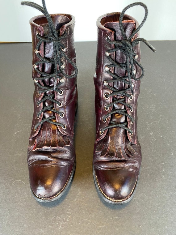 Women's 6B Vintage Justin Burgundy Kiltie Boots, … - image 9