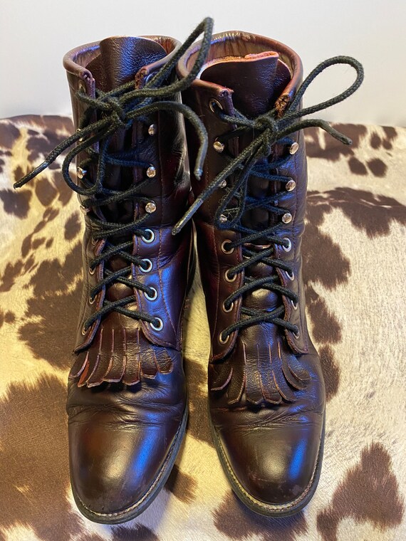 Women's 6B Vintage Justin Burgundy Kiltie Boots, … - image 3