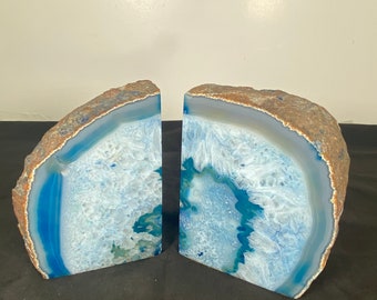 Teal Agate Geode Bookends: Polished Stone Home Decor
