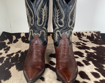 Men's 9 EE Vintage Tony Lama  Two Toned Brown and Black Leather, Western Cowboy Boot, Made in the USA, 8 Strand Stitching on Calf of Boot,