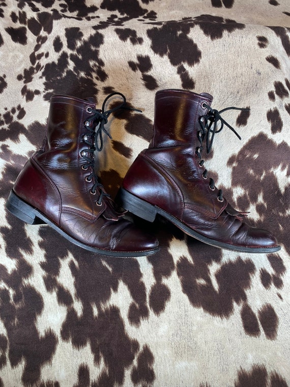 Women's 6B Vintage Justin Burgundy Kiltie Boots, … - image 1