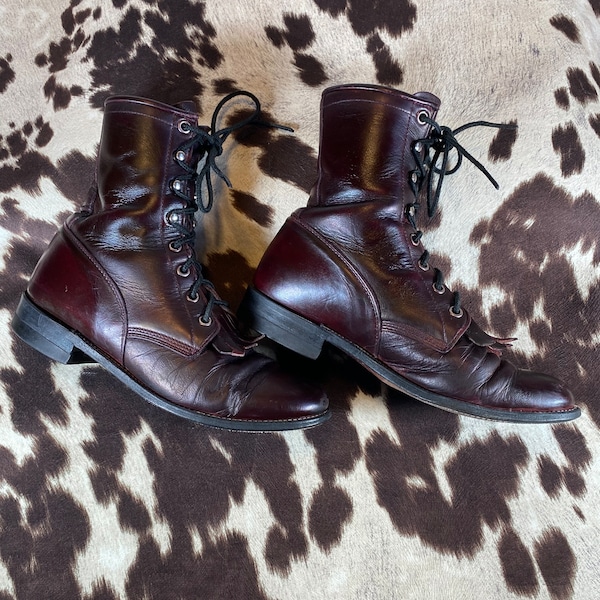 Women's 6B Vintage Justin Burgundy Kiltie Boots, Steampunk, Boho Style,