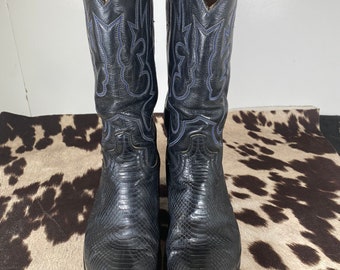 Men's Black 9.5 Vintage Ticuan, Mexican Made Boots, Lizard and Leather Western Styled Black Boots,