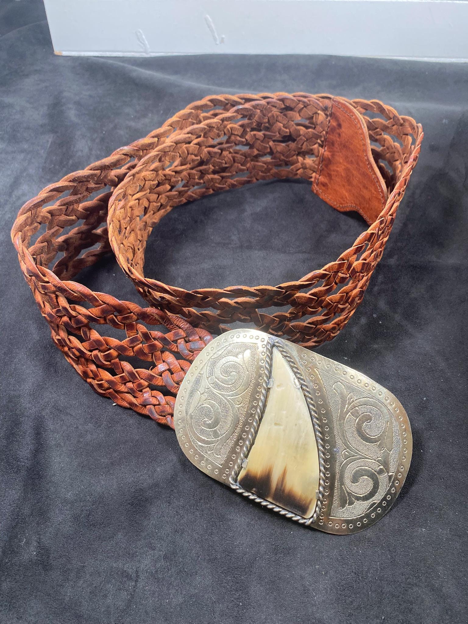 Vintage Cowgirl Leather Braided Belt With Cow Horn Belt 