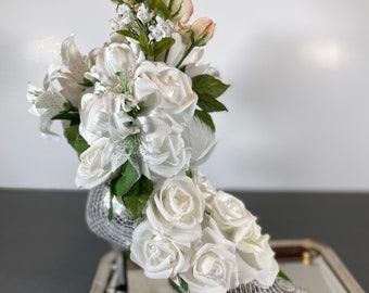 Bridal Shower, Cake Top , Bachelorette , Quinceanera, wedding decoration, stiletto floral arrangement, high heel shoe flower arrangement,