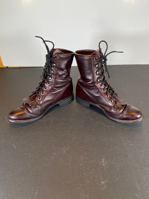 Women's 6B Vintage Justin Burgundy Kiltie Boots, … - image 2