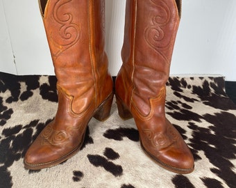 Vintage, Damen 10 N, 9,5 Medium Vintage Dingo-Acme Western Cowboy Boot, Alles Leder, Cognac Braun, Gebraucht, Made in USA, Cowgirl Stiefel,