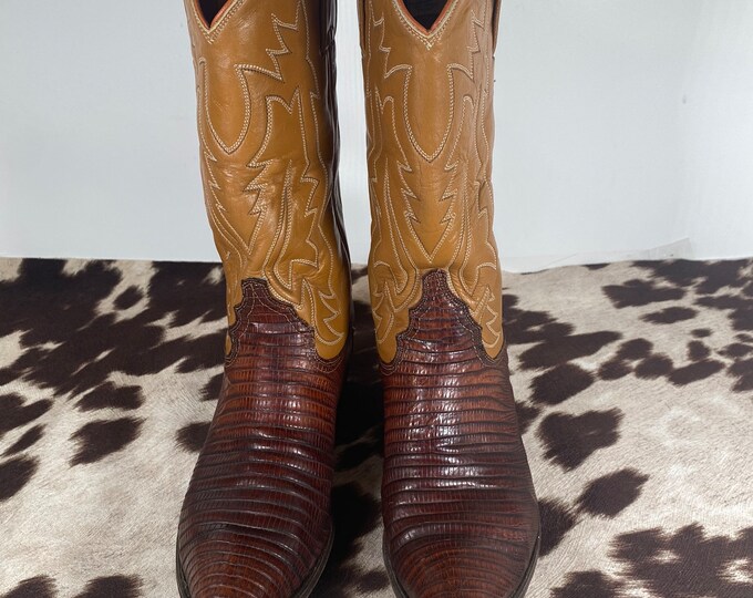 7.5 Bottes de cowboy western Justin vintage bicolores pour femme, peau de lézard et cuir à quatre surpiqûres