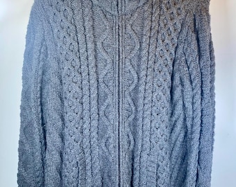 Aron Woolen Mills, Men's Large Irish Merino Wool Sweater, Made in Ireland, Grey Cable Knitted Sweater, Zippered Front,