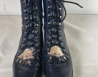 6.5B Rare, Women's Vintage Navy Blue Justin, Lace-up, Kiltie Boots, Steampunk, Silver Accent Kiltie Removable Tabs, Vintage Ankle Boot