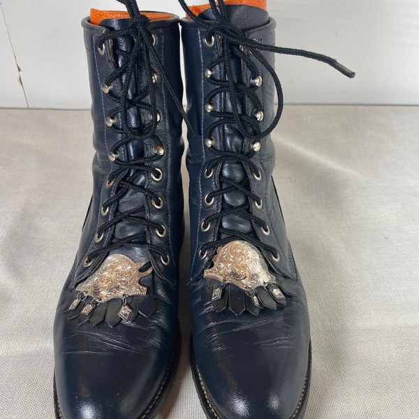 6.5B Rare, Women's Vintage Navy Blue Justin, Lace-up, Kiltie Boots, Steampunk, Silver Accent Kiltie Removable Tabs, Vintage Ankle Boot