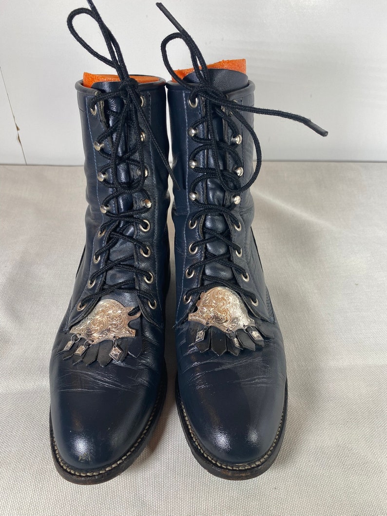 6.5B Rare, Women's Vintage Navy Blue Justin, Lace-up, Kiltie Boots, Steampunk, Silver Accent Kiltie Removable Tabs, Vintage Ankle Boot image 1