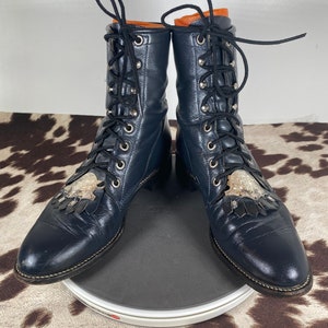 6.5B Rare, Women's Vintage Navy Blue Justin, Lace-up, Kiltie Boots, Steampunk, Silver Accent Kiltie Removable Tabs, Vintage Ankle Boot image 2