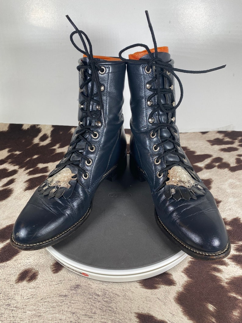 6.5B Rare, Women's Vintage Navy Blue Justin, Lace-up, Kiltie Boots, Steampunk, Silver Accent Kiltie Removable Tabs, Vintage Ankle Boot image 2